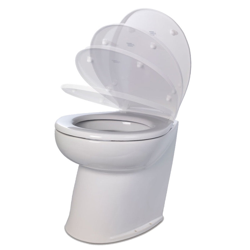 Jabsco Deluxe Flush 17″ Angled Back 12V Raw Water Electric Marine Toilet w/Remote Rinse Pump  Soft Close Lid [58220-3012]